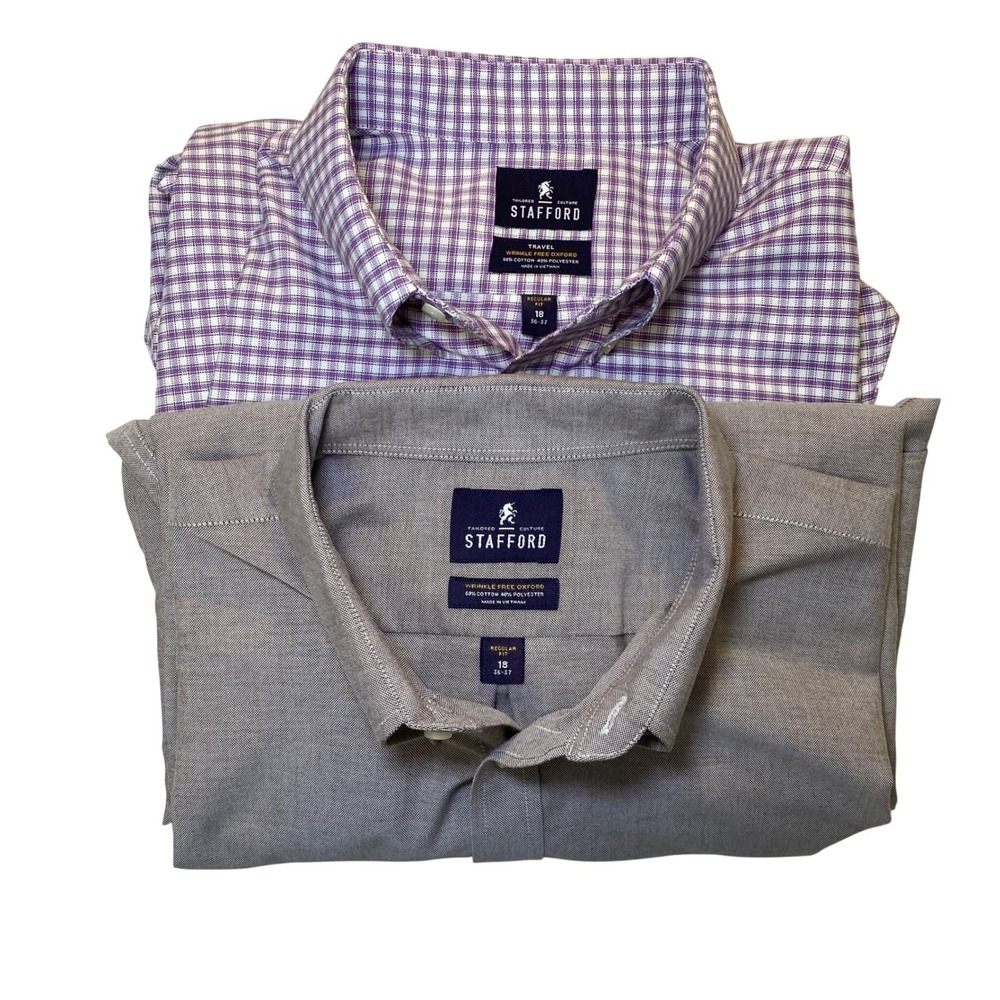 Lot of 2 Stafford Mens Dress Shirts 18 36-37 Regular Fit Wrinkle Free Oxford